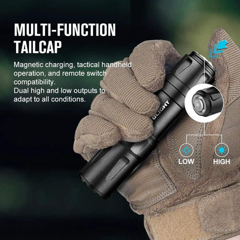 Gloved hand holding Ultra Compact Tactical Flashlight For Hunting And Outdoor Use, 1250 Lumens, showing multi-function tailcap.