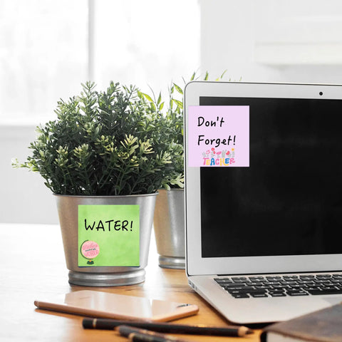 Image of desk with laptop and plant featuring 9 Pads Cute Sticky Notes Set 3x3 Self Stick Notepads for Teachers and Office Super Cute Kawaii Memo Pads