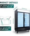 Commercial Double Glass Door Display Freezer With Forty Four Point Seven Cubic Feet Badass Storage And Digital Temp Control Auto Defrost LED Lights Zero Hassle Store Setup dimensions and open door angle detailed view.