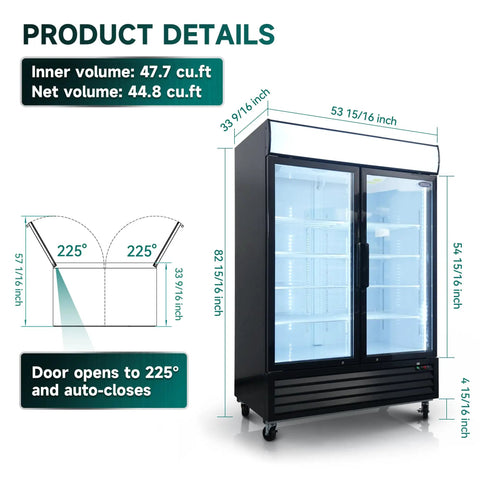 Commercial Double Glass Door Display Freezer With Forty Four Point Seven Cubic Feet Badass Storage And Digital Temp Control Auto Defrost LED Lights Zero Hassle Store Setup dimensions and open door angle detailed view.