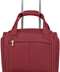 Rear view of red underseat carry on bag with expandable design softside travel case your go to travel companion 15 inch tablet pocket multi pocket organizer premium poly ballistic fabric 5 stage telescoping handle for easy air travel