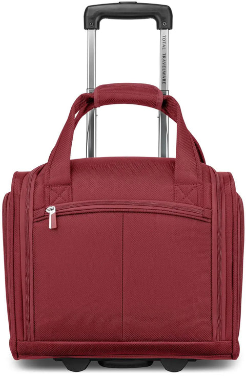 Rear view of red underseat carry on bag with expandable design softside travel case your go to travel companion 15 inch tablet pocket multi pocket organizer premium poly ballistic fabric 5 stage telescoping handle for easy air travel