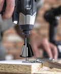 Straight Fire Deburring And Chamfering Tool With Tungsten Carbide Blades Quick Release Quarter Hex Shank Burr Removal Bit For Steel And Metal Fast Chip Clearance Range in use with a power drill.