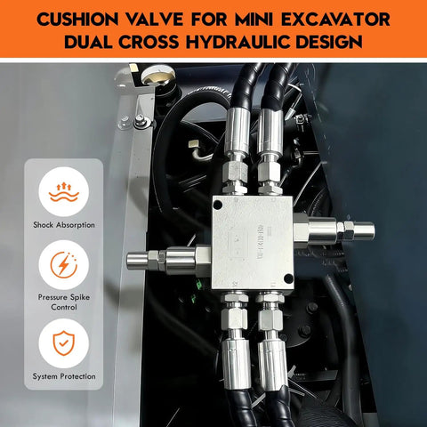 Cushion valve for mini excavator showcasing dual cross hydraulic design for smooth rotation and shock absorption.
