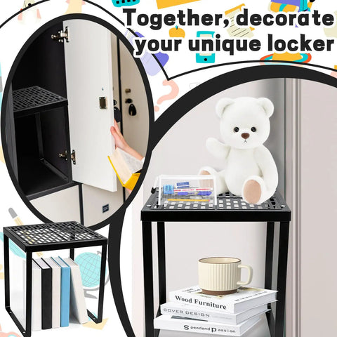 Locker Organizer Shelf Black Stackable Metal Shelf for standard lockers with books, mug, and teddy bear.