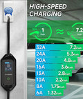 Heavy Duty Type Two Electric Vehicle Charging Cable Six Meters Long With Adjustable Amperage Up To Thirty Two Amps charging at a wall outlet.