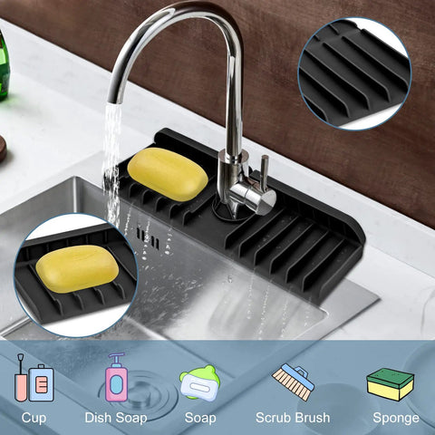Silicone Sink Splash Guard Behind Faucet Drip Catcher Mat Keeps Counters Dry Countertop Saver with soap dish.