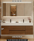 Top Shelf Floating Double Sink Vanity With Smart Led Defog Mirror And Slate Countertop Walnut Wall Mounted Bathroom Cabinet size dimensions and features