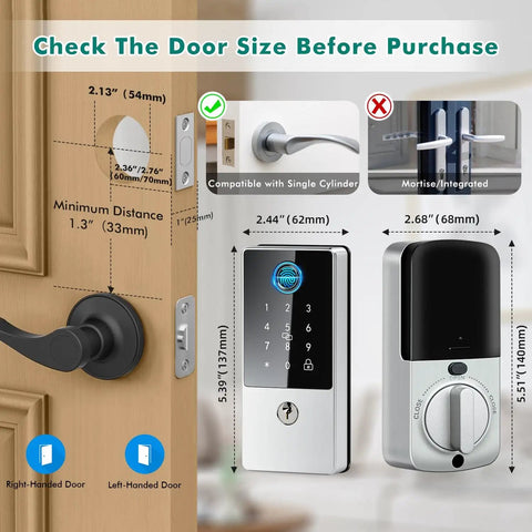 Diagram showing installation and measurements for Keyless Smart Lock Deadbolt With Fingerprint And App Control For Home, Rental, And Airbnb.