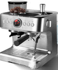 Semi Automatic Espresso Machine With Built In Grinder And Steam Milk Frother 20 Bar Pressure Pump 95 Oz Water Tank Silver coffee maker side view.