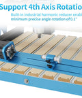 Straight Up Heavy Duty CNC Router Machine With Closed Loop Stepper Motor For Smooth Metal Engraving And Precision Wood Milling Delivering Pro Grade Results Without Any Mess Around showing 4th axis rotation component and precise angle adjustment.
