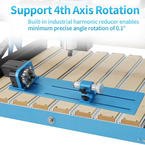 Straight Up Heavy Duty CNC Router Machine With Closed Loop Stepper Motor For Smooth Metal Engraving And Precision Wood Milling Delivering Pro Grade Results Without Any Mess Around showing 4th axis rotation component and precise angle adjustment.