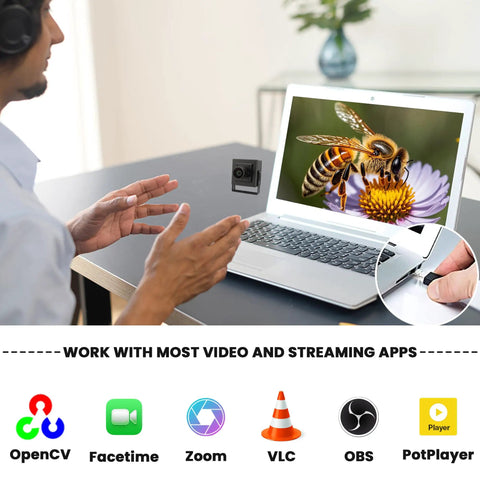 1080P 120FPS High Speed USB Camera With M12 Wide Angle 12MP IMX577 Sensor focused on a bee on a laptop screen