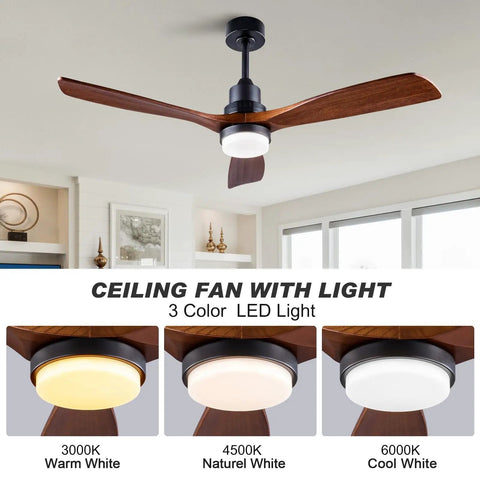 Boss 52 Inch Ceiling Fan With Light Wood Finish Three Blade Design Down Rod Remote Control Six Speed DC Motor