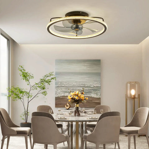 20 Inch Low Profile Ceiling Fan With Lights And Remote Dope Black Finish in modern dining room setting with art and plants.