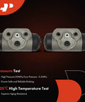 Rear Drum Brake Wheel Cylinder 2 Piece Replacement Set For Chevy Silverado 1500 And GMC Sierra 1500 Trucks Fits 2005 To 2008 Silverado 1500 And Sierra 1500 Without Brake Shoe Hold Down Pins. Two metal cylinders with black rubber caps.