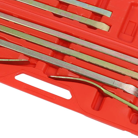 7 Piece Auto Body Repair Kit For Dents And Dings, Dent Repair Rods And Trim Removal Pry Bar in a red plastic case interior view