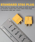 XT60 Connector Set With Heat Shrink Tubing, 5 Pairs, shown with ruler for size reference, high temp nylon housing, standard design