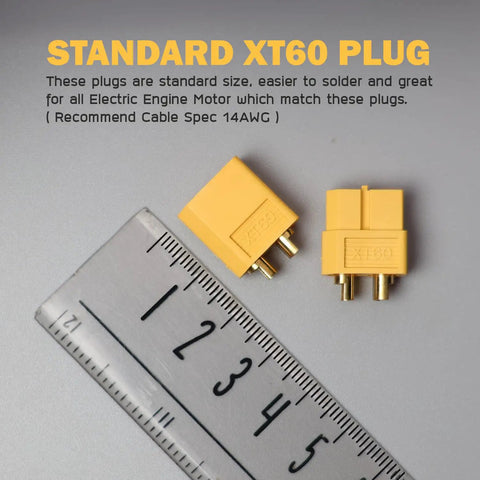 XT60 Connector Set With Heat Shrink Tubing, 5 Pairs, shown with ruler for size reference, high temp nylon housing, standard design