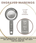 Sturdy 1/4 Cup Stainless Steel Measuring Cup for Wet and Dry Ingredients, Heavy Duty Metal Scoop, 60 ml 60 cc 2 oz, Great as a Dog Food Scoop, Durable Kitchen Tool for Precise Measuring, 1 Pack showing engraved capacity markings