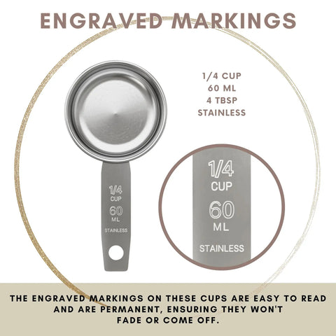 Sturdy 1/4 Cup Stainless Steel Measuring Cup for Wet and Dry Ingredients, Heavy Duty Metal Scoop, 60 ml 60 cc 2 oz, Great as a Dog Food Scoop, Durable Kitchen Tool for Precise Measuring, 1 Pack showing engraved capacity markings