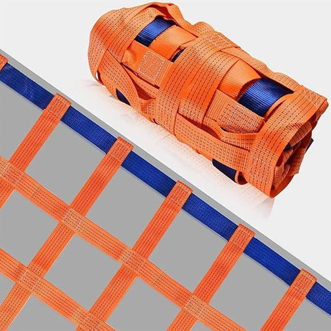 Rock Solid Heavy Duty Hoisting Lifting Cargo Net For Material Handling Built From Dense Weave Polyester, folded with strong straps.
