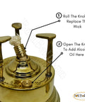Close-up of Hand Hammered Old School Brass Copper Turkish Greek Coffee Burner wick and knob instructions.