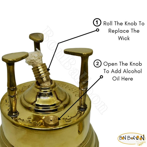 Close-up of Hand Hammered Old School Brass Copper Turkish Greek Coffee Burner wick and knob instructions.