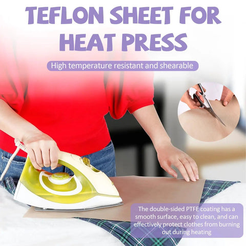 Person using 12x16 in Teflon sheet from Sublimation Shirts Tool Kit with iron, close-up of cutting the sheet.