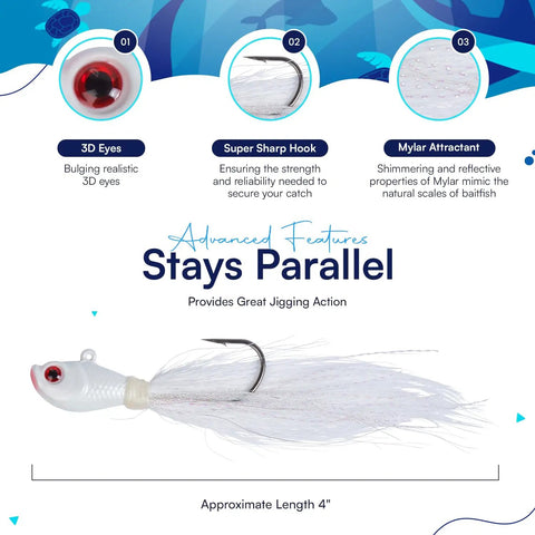 Bucktail Jigs 3 Pack Hand Tied Fishing Lures For Saltwater And Freshwater That Slay Bass Walleye Striper Tackle White 1 Oz Built To Fish Differently Great For All Fishing Situations displayed with 3D eyes and sharp hook