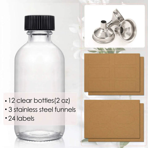 12 Pack 2 Oz 60ml Clear Glass Bottles With Lids And 3 Stainless Funnels Travel Set For Wellness Oils Juices Serums And Samples