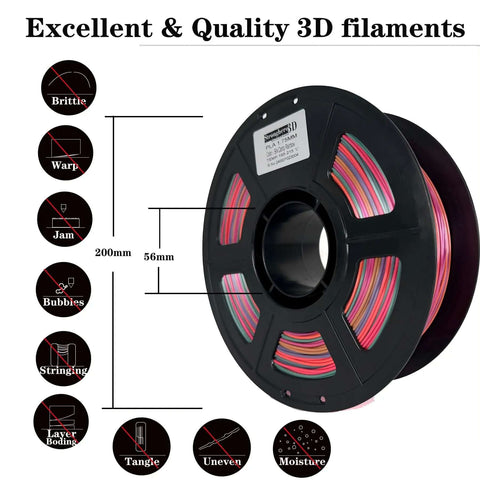 Silk Rainbow PLA Filament 1.75mm 1kg Color Change Filament Multi Color With High Gloss Finish spool showing dimensions