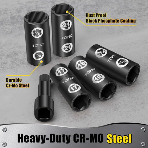 2-In-1 Lug Nut Extractor and Socket Kit for Wheel Locks, 7-Piece Flip Socket Set with Half Inch Drive displayed on metal surface