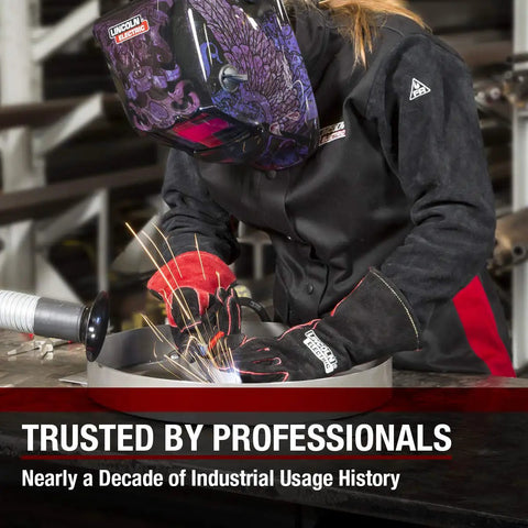 Lincoln Electric Jessi Combs Womens Welding Gloves in action, high heat leather with soft cotton liner, black red, medium size.
