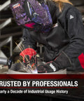 Woman welding with helmet and Women’s Welding Gloves For Stick MIG And Flux Core Welds Pro Grade Heat Resistant Leather