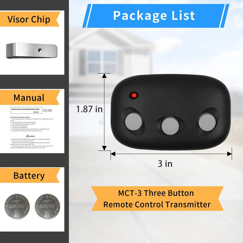Package list showing Two Pack Garage Door Remote For Linear Opener Systems 318 MHz Compatible With LD050 LD033 LDCO800.