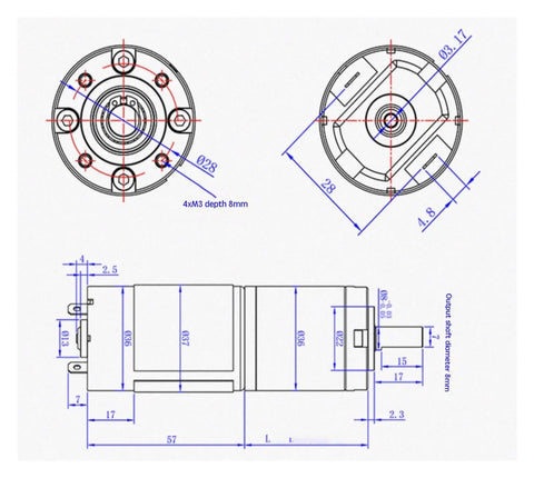 Technical diagram of DC Planetary Gear Motor 36-555 Miniature Low Speed Adjustable 12V/24V Permanent Magnet Motor with Center Output Shaft 571 RPM