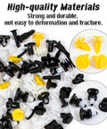 Tesla 70 Pcs Clips Fasteners Rivet Clips Kit For Bumper Fender Liner Interior Exterior Body Replacement With Dope Durable Plastic Push Retainer Clips And 20 Common Sizes For Easy Install shown in black and yellow plastic with various shapes and sizes.