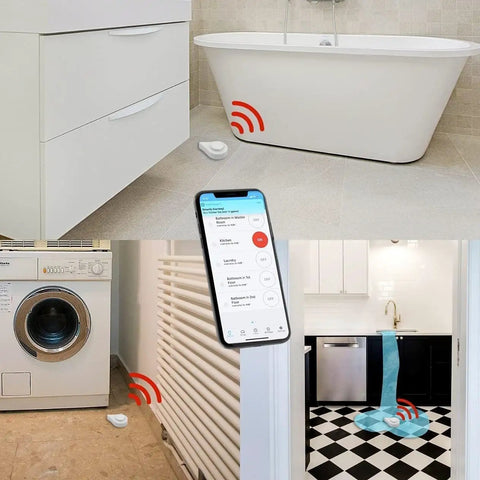 Zigbee Water Leak Sensor With Dripping Detection And 120 dB Alarm, 2 Pack No Fuss Setup, Real Time App Alerts, Works With Home Assistant And Compatible Zigbee Hubs, Batteries Included, Easy Floor Placement In Kitchen Basement Laundry in bathroom, laundry, kitchen