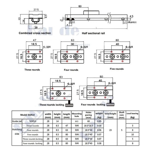 Pro Grade Dual Axis Linear Guide Rail With Built In Aluminum Roller Bearings 28mm SGR10 And SGB10 For Industrial Automation Smooth Precise Motion And Flexible Wheel Options technical drawing with dimensions and mounting hole patterns