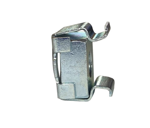 Pro Grade Snap In 10-32 Zinc Plated Cage Nuts 100 Pack For Server Rack Frames, side view showing spring steel housing for easy installation.