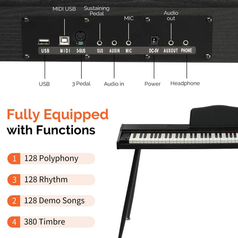 Portable 88 Key Digital Piano With Stand Semi Weighted Keyboard Action And Triple Pedals Bluetooth Connectivity And Power Supply Included Built In Speakers For Beginners Black Compact Plug And Play Ready Home Studio Friendly showing connectivity options and functions