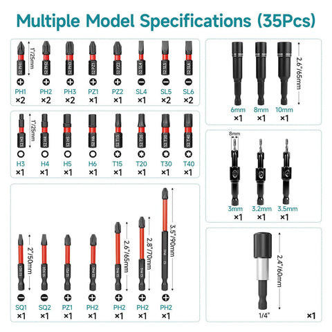 Heavy Duty 35 Piece Impact Driver Bit Set With Storage Case, 28 Magnetic Screwdriver Bits, 3 Hex Countersink Drill Bits, 3 Sockets