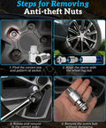 Steps using Wheel Lock Removal Kit With A J Wheel Lock Key For Toyota Vehicles, showing nut socket alignment and removal