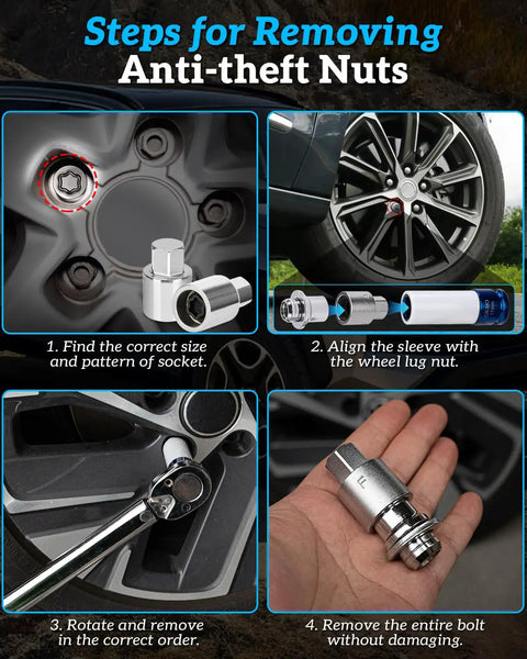 Steps using Wheel Lock Removal Kit With A J Wheel Lock Key For Toyota Vehicles, showing nut socket alignment and removal