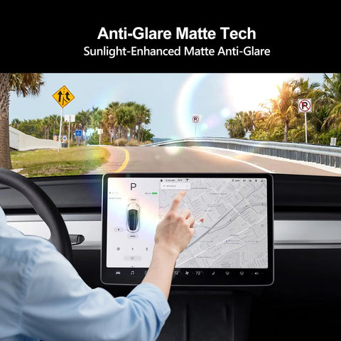 Tesla Model Y Juniper Plus Model 3 Highland Matte Screen Protector 9H Tempered Glass Anti Glare Display Guard showing touch interaction.