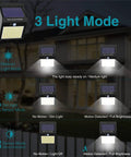 Six Pack Outdoor Solar Motion Lights With 100 LED And IP65 Waterproof Design displaying three light modes in action