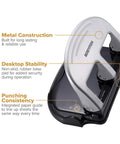 EZ Squeeze Three Hole Punch With No Jam Technology Pushing Through 40 Sheets Effortlessly, showing metal construction and stability features.