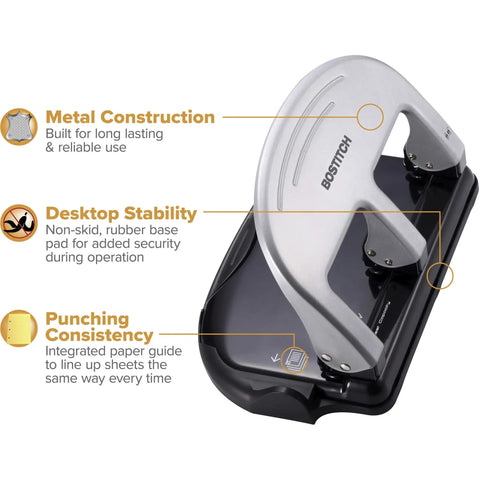EZ Squeeze Three Hole Punch With No Jam Technology Pushing Through 40 Sheets Effortlessly, showing metal construction and stability features.