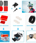 All In One Action Camera Accessory Kit For GoPro And Other Models With 3M adhesive, floaty backdoor, and remote wrist strap.